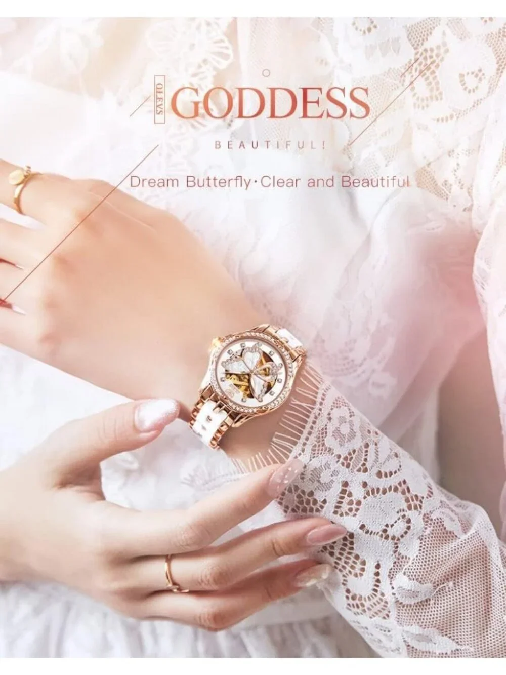 Olevs Womens Rose Gold Butterfly Skeleton Diamond Automatic Elegant Luxury Watch